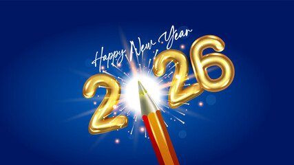 Happy New Year 2026, 3D creative concept: A pencil bursting into fireworks, arranged around the number 2026 on a vibrant festive blue background.