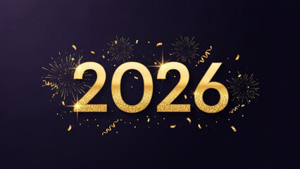 Golden Year 2026: A radiant golden 2026 shines brightly against a deep, elegant backdrop, surrounded by celebratory fireworks and confetti, evoking a sense of anticipation and festivity.
