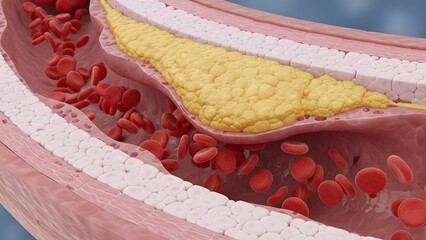Ultra detailed 3D medical illustration of an artery cross section showing atherosclerosis plaque buildup yellow fatty deposits narrowing the blood vessel lumen red blood cells flowing around the block