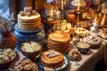 Traditional Russian Maslenitsa Pancake Feast Display