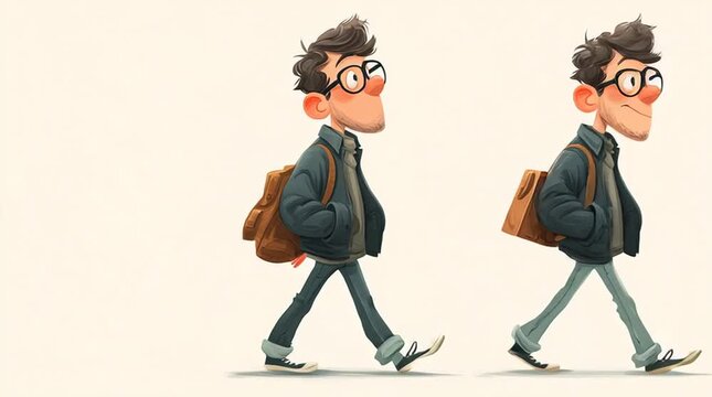 Cartoon character walking left to right through three clear stages, illustrating a simple explainer narrative of progress, steps and transformation in a friendly, modern style.
