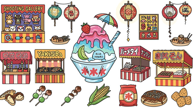 A vibrant collection of traditional Japanese summer festival street food stalls, delightful game booths, and iconic culinary treats, showcasing popular snacks and festive fairground attractions