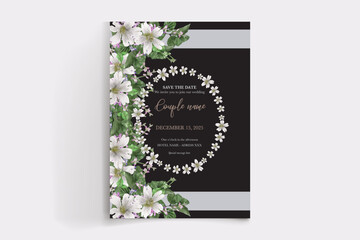 WEDDING INVITATION FRAME WITH FLOWER DECORATIONS AND FRESH LEAVES