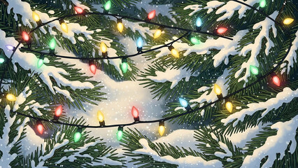 Snowy Christmas tree branches with colorful string lights
