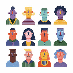 Abstract vector set of diverse people portraits arranged in a grid, representing community, individuality and inclusion. Modern flat illustration for web, branding, education and corporate design