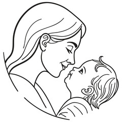 Simple Line Drawing Mother Holding Smiling Infant Child 