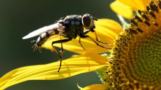 Hoverfly on sunflower, pollinating in bright sunlight, with green blurred background, suitable for nature images