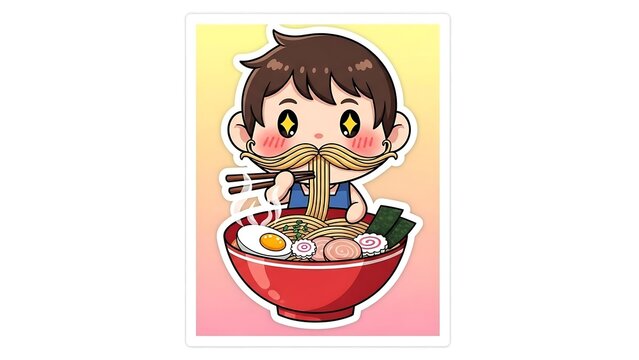 Cartoon kid eating ramen noodles happily.