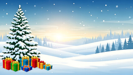 Snowy winter landscape with Christmas tree and colorful gifts