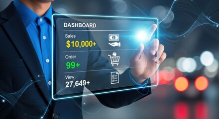 Businessman Interacting with Digital Dashboard Showing Sales and Orders Data on a Transparent Screen