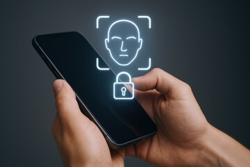 Smartphone with Face Recognition Unlock Technology Displayed, Featuring a Neon Interface Design and Secure Access