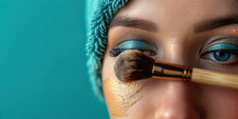Woman applying gold makeup with brush on face closeup