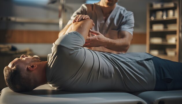 Doctor or physiotherapist examining patient's shoulder during rehabilitation session