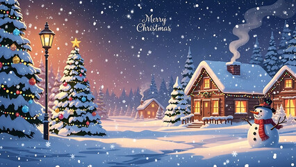 Cozy winter village scene with snowman and Christmas tree