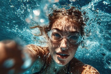 Fototapeta premium Joyful Young Woman Diving in Tropical Sea