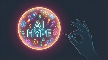 Hand Piercing AI Hype Bubble, Symbolizing Market Correction and Speculation, Concept of Tech Investment Risk and Economic Collapse.