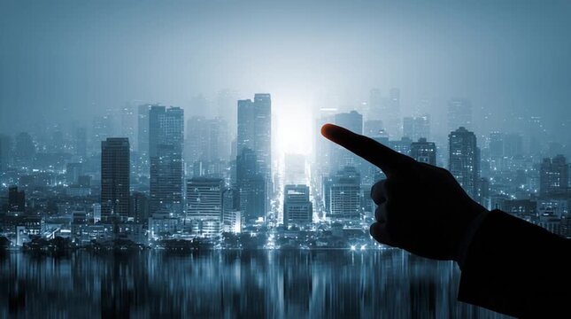 City skyline timelapse behind a person pointing toward an empty text area, combining urban motion with a clear call-to-action space for modern ads, presentations and explainer visuals.
