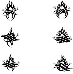 Obraz premium Tribal fire and flame vector icons set for tattoo designs and graphic elements in black and white silhouette style for creative projects.