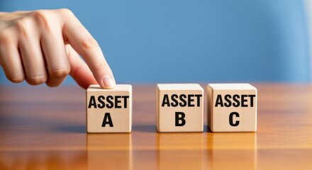 Naklejka premium Asset Selection: Close-up of Hand Choosing Wooden Blocks Representing Different Asset Options for Investment Strategy