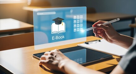 Interactive E-Learning Experience: Student Using Digital Tablet for Online Education and Academic Success in Modern Classroom