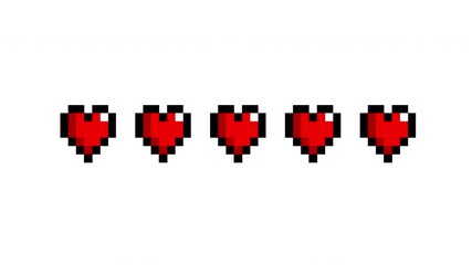 animation five love heart in pixel on transparent background