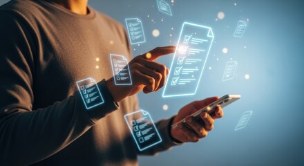 Digital Document Management: Man Interacting with Virtual Checklists on Smartphone for Efficient Workflow