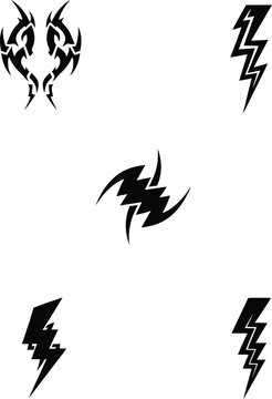 Collection of tribal lightning bolts and abstract electrical flash symbols in black vector silhouette for creative designs.