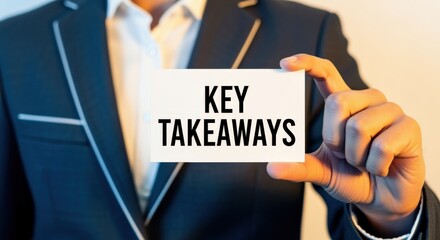 Business Professional Holding Card Displaying Key Takeaways, Illustrating Important Concepts and Information Overview for Corporate Training
