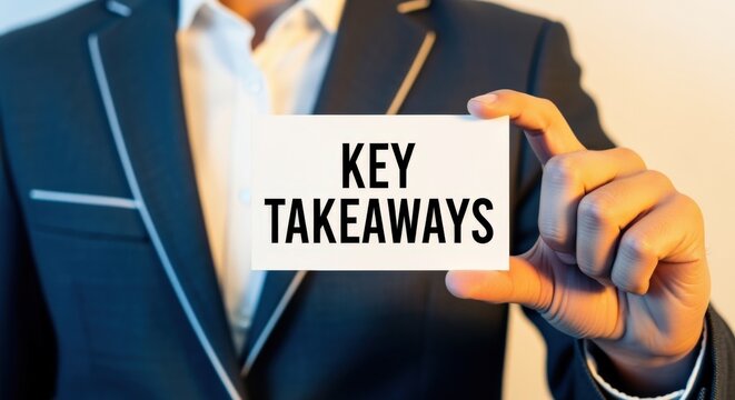 Business Professional Holding Card Displaying Key Takeaways, Illustrating Important Concepts and Information Overview for Corporate Training