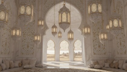 Luxurious Moroccan Lounge with Ornate Lanterns and Desert View