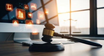 Digital Justice: Gavel and Scales of Justice with Construction and Property Icons Displayed on a Modern Computer Screen