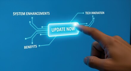 Finger pressing glowing 'Update Now' button symbolizing system enhancements and technological innovation on a vibrant blue screen