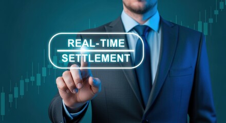 Real-Time Settlement Concept: Businessman Interacting with Digital Interface for Immediate Financial Transactions and Modern Banking Solutions
