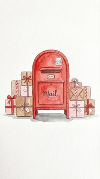 Watercolor red mailbox with christmas gift boxes cute holiday mail and parcel delivery illustration
