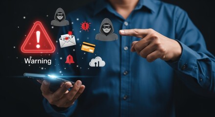 Mobile Security Threat: Man Holding Phone Displaying Cyber Warning and Hacker Icons on Dark Background