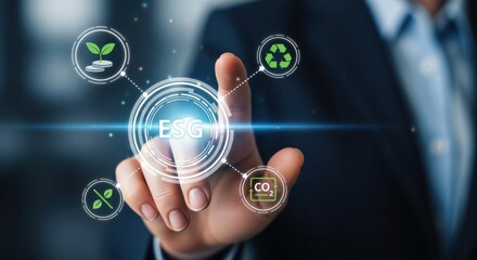 Fototapeta premium Environmental Social Governance concept shown by a person pressing a button, representing sustainable and ethical business practices