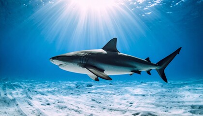 Fototapeta premium Side-view of a shark gliding through clear blue ocean with sunlight filtering from above.