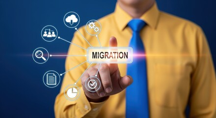 Migration concept presented on a digital screen with an executive ready to press the button