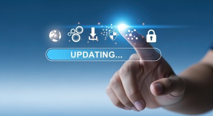 System Update Concept: Finger Touching an Updating Button on a Blue Screen Display