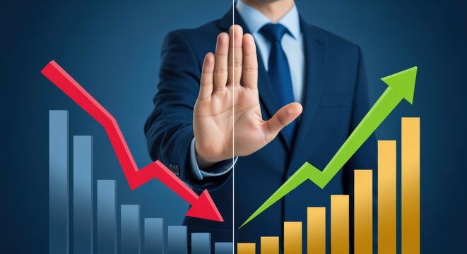 Businessman halts decline, fostering growth, showcasing successful business strategy and financial turnaround in dynamic presentation on blue
