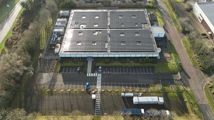 Aerial drone view of large scale cutting-edge technology and futuristic infrastructure of a large-scale data center in Milton Keynes, UK. AI cloud quantum computing. 
