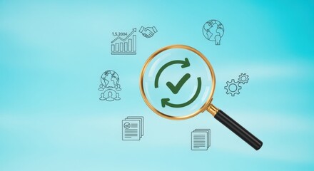 Business Audit and Compliance Check with Magnifying Glass over Green Check Mark and surrounding Business Icons