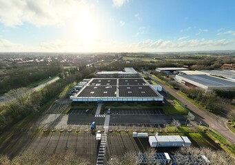 Aerial drone view of large scale cutting-edge technology and futuristic infrastructure of a large-scale data center in Milton Keynes, UK. AI cloud quantum computing. 