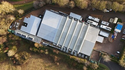 Aerial drone view of large scale cutting-edge technology and futuristic infrastructure of a large-scale data center in Milton Keynes, UK. AI cloud quantum computing. 