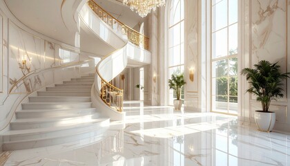 Luxurious marble interior with spiral staircase and gold accents bathed in natural light.