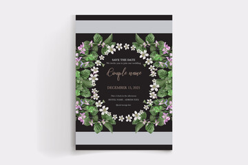 WEDDING INVITATION FRAME WITH FLOWER DECORATIONS AND FRESH LEAVES