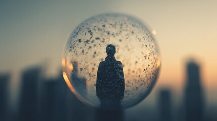 Isolated Digital Human Silhouette Standing in a Glass Sphere, Reflecting Technology and Contemplation Above a Blurred Cityscape at Sunset.