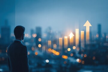 Businessman analyzing glowing digital bar charts over a blurred cityscape, visualizing financial growth and success strategy