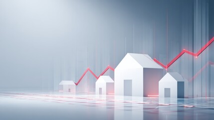 Miniature house models following a volatile red growth graph, abstract financial visualization, global real estate market economy.