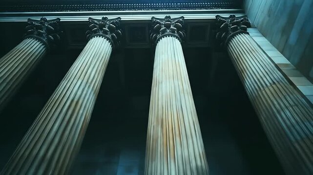 Majestic classical columns of a grand building in low light.